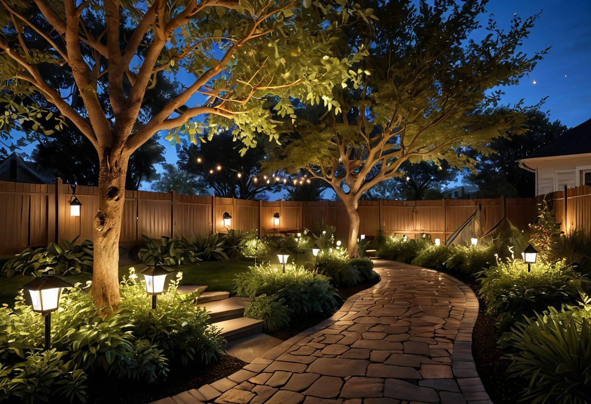 A serene backyard at dusk, featuring beautifully illuminated pathways with eco-friendly lighting solutions. Include elegant solar-powered lanterns accentuating lush greenery, and a cozy seating area under a gently glowing tree. The atmosphere should evoke tranquility and sustainability, with a starry sky overhead. super-realistic. vibrant colors. 3D.
