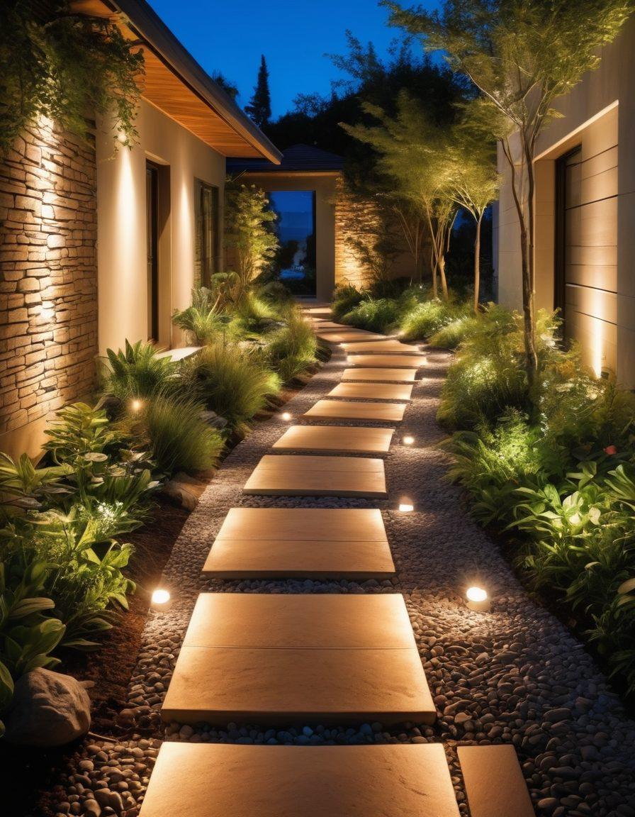 A beautifully lit outdoor setting showcasing a pathway adorned with smart lighting systems that ecological, energy-efficient designs. The path features luminescent stones and glowing plants integrated with technology, surrounded by lush greenery. A starry night sky enhances the ambiance, while subtle silhouettes of modern homes reflect sustainable architecture. Illustrate the harmony between nature and technology with warm hues of light illuminating the scene. vibrant colors. super-realistic.