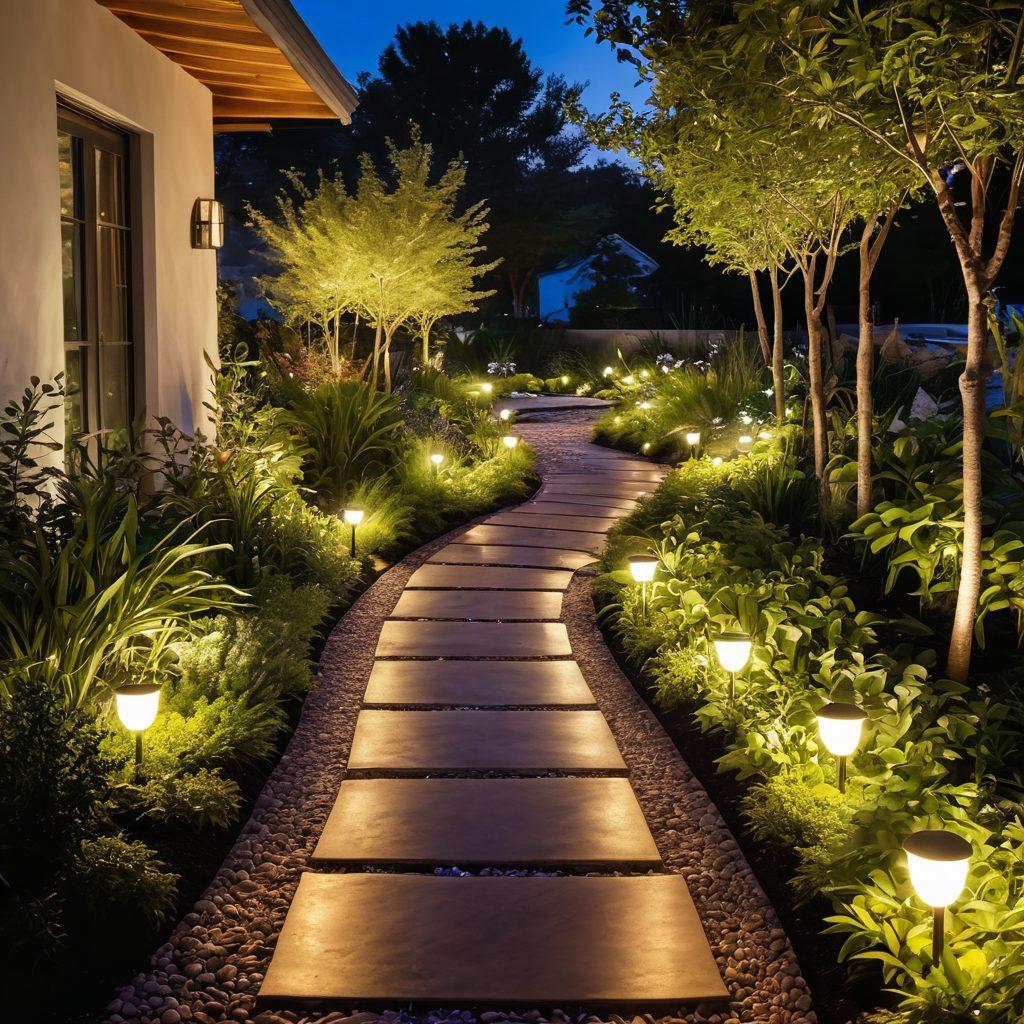 A beautifully lit outdoor garden at dusk showcasing innovative energy-efficient landscape lighting designs, illuminating plants with soft, warm glows. Incorporate a mix of modern LED fixtures and solar-powered lamps, surrounded by lush greenery. A serene pathway leads through the garden, and twinkling stars are visible above. Emphasize a harmonious blend of nature and technology. super-realistic. vibrant colors.